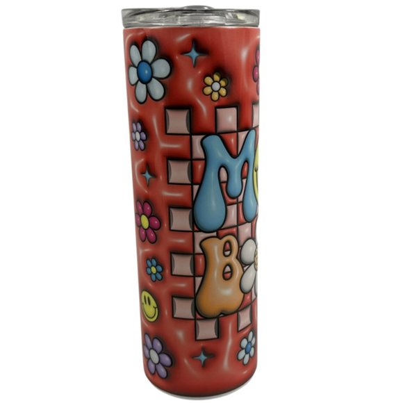 Skinny Tumbler 20oz Mom Boss Flowers Smiley Face Puffy Inflated Stainless-Steel - Picture 5 of 9
